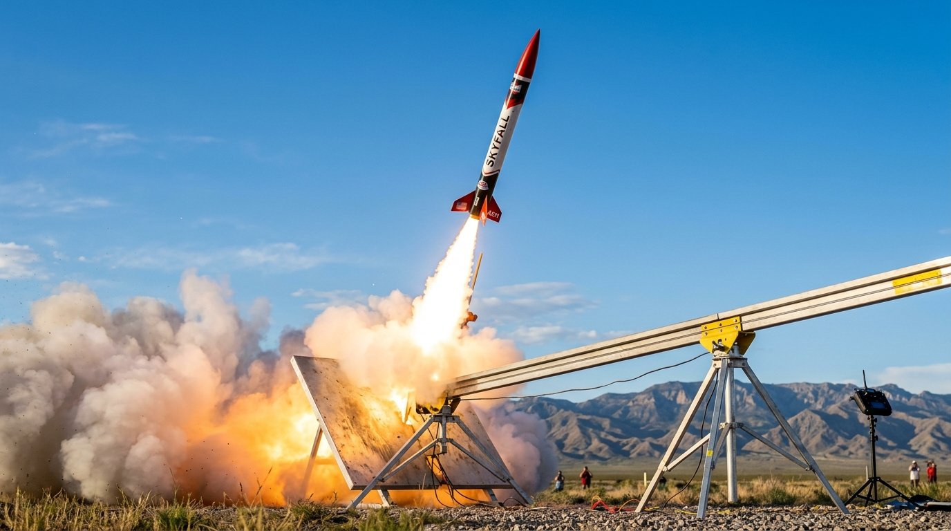Model rocket launch plume lifting off launch rail